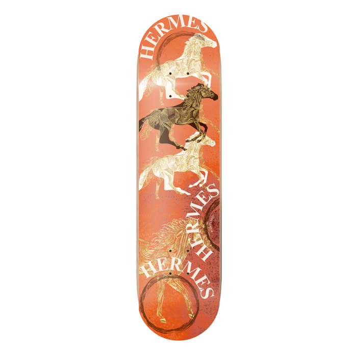 Hermes skateboard deck with horse design on a white background