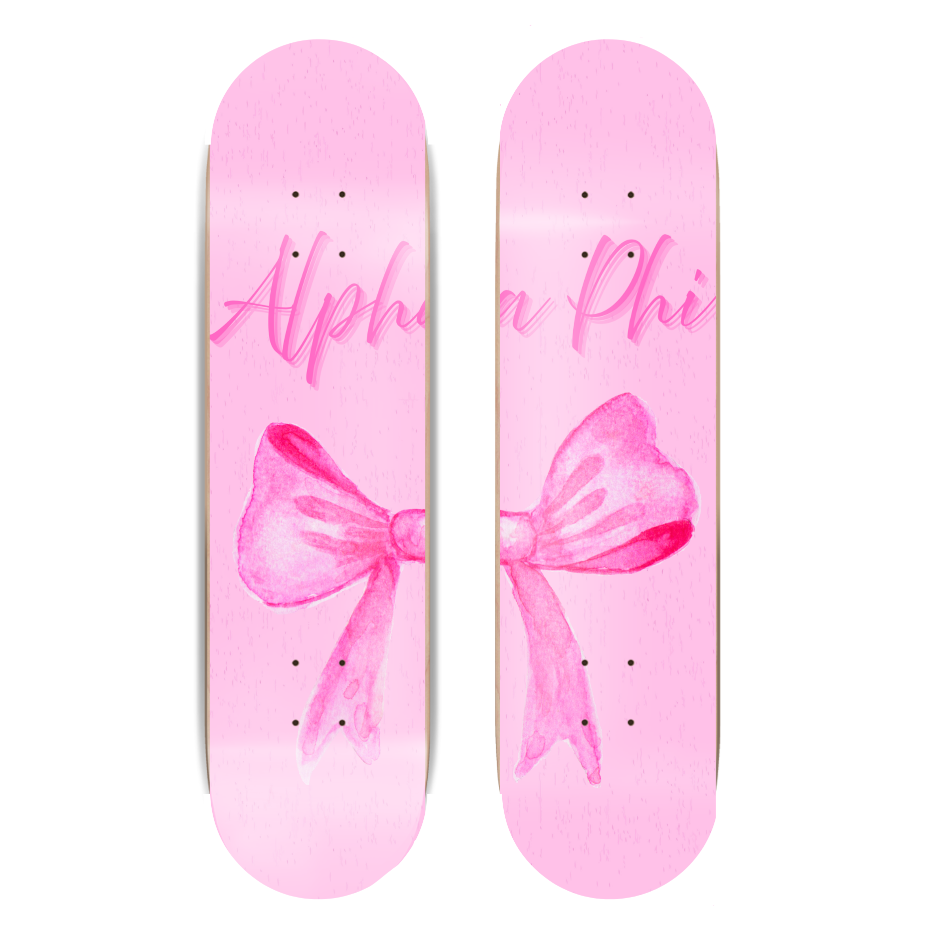 Two pink skateboards with a bow design and 'Alpha Phi' text on a white background