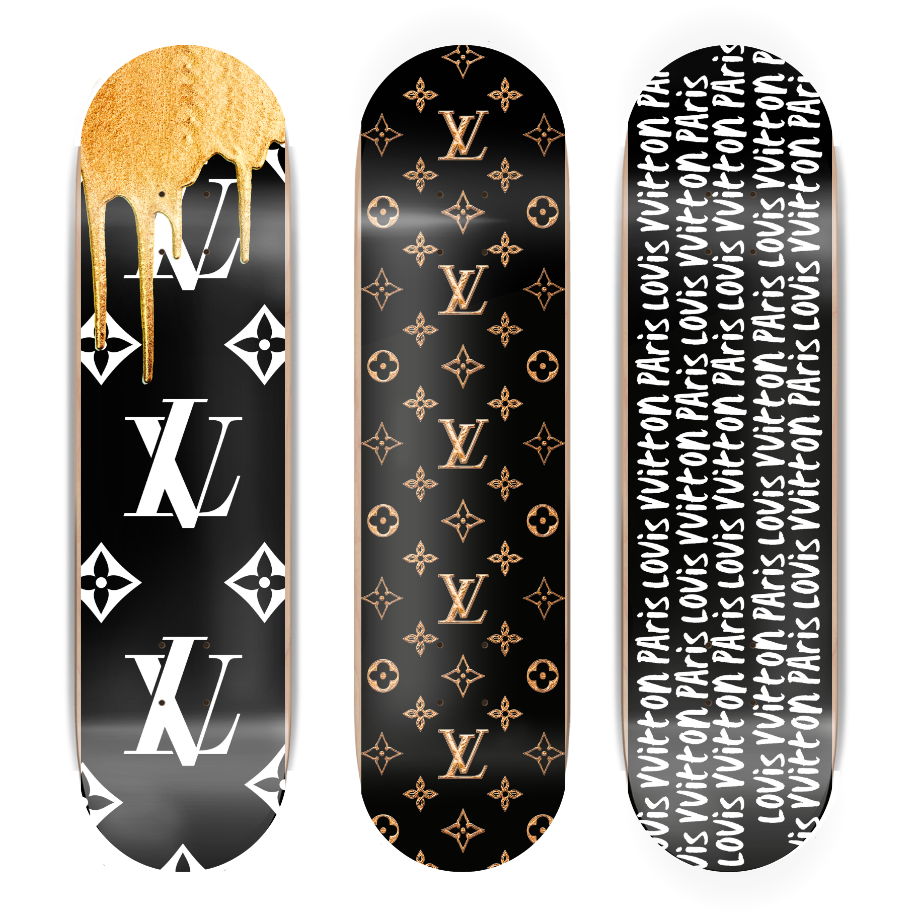 Three skateboard decks with gold and white designs on a black background