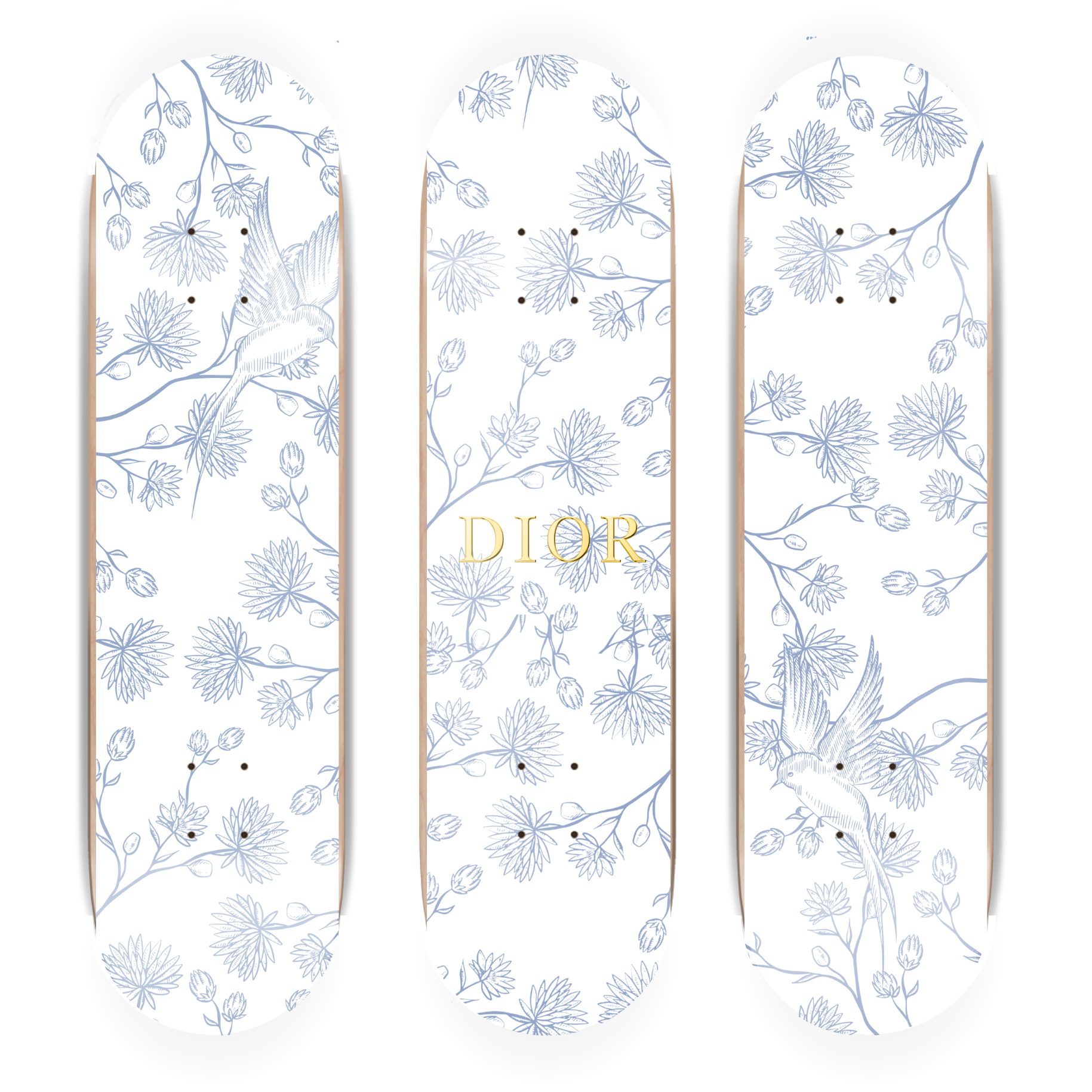 Three skateboard decks with floral pattern and Dior on a white background