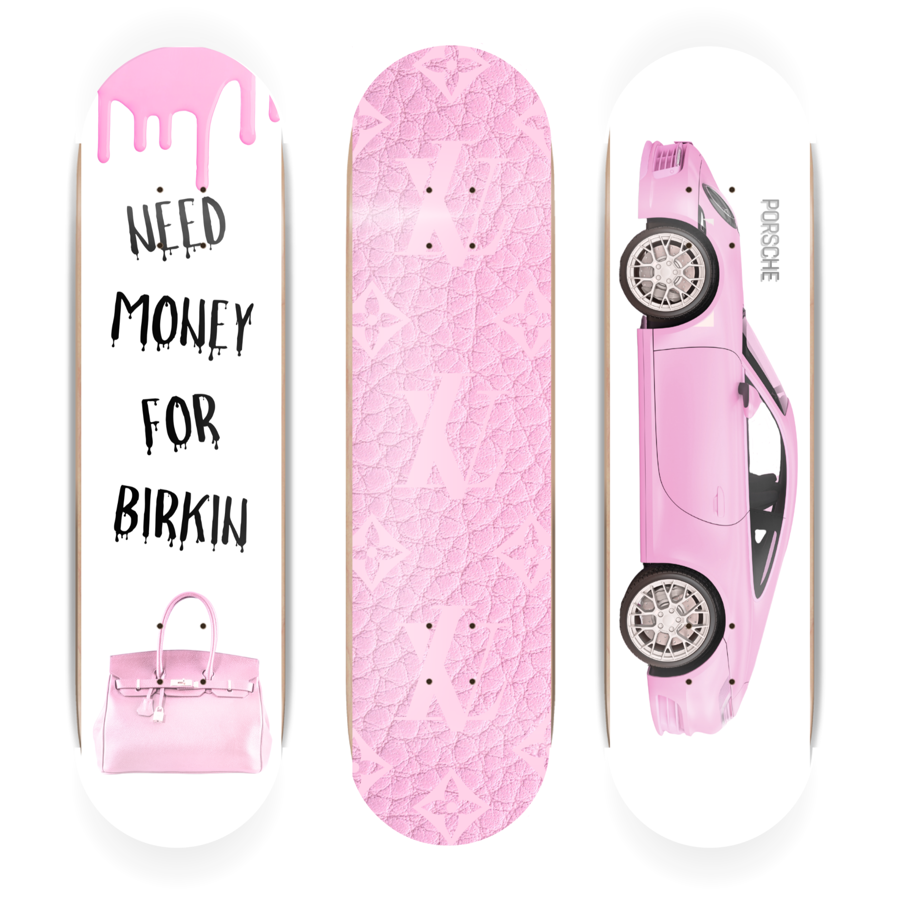Pink skateboard deck with text and a pink car model on a white background