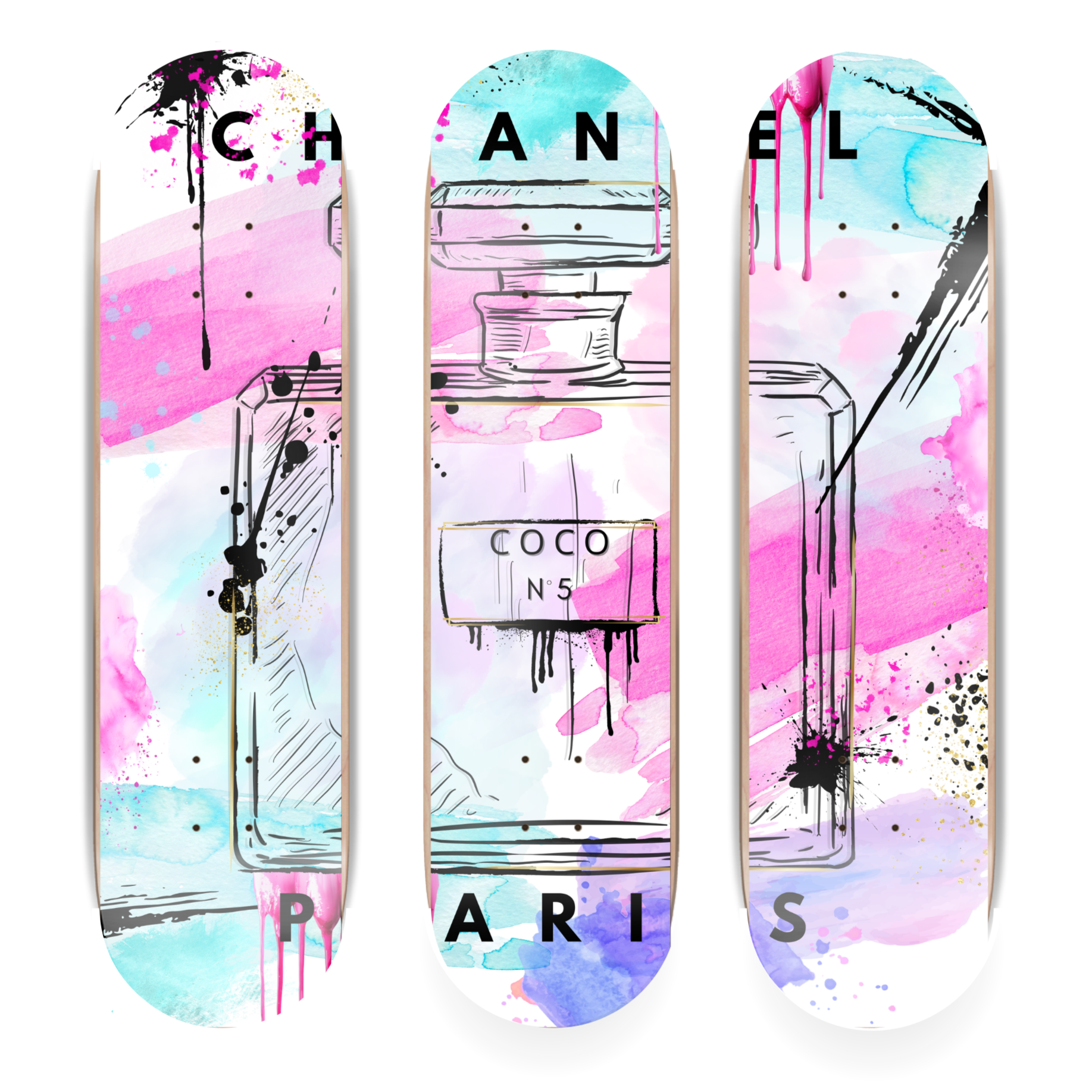Three Perfume bottle-themed skateboard decks with colorful design on a white background.