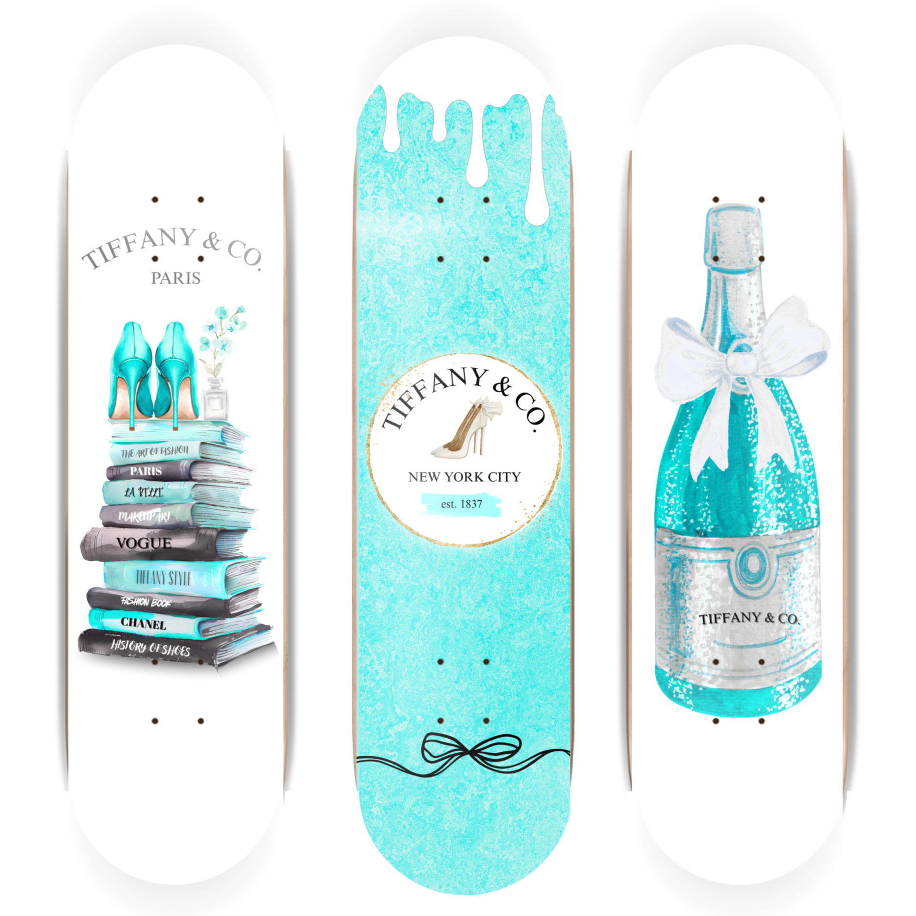 Three skateboard decks with teal designs on a white background