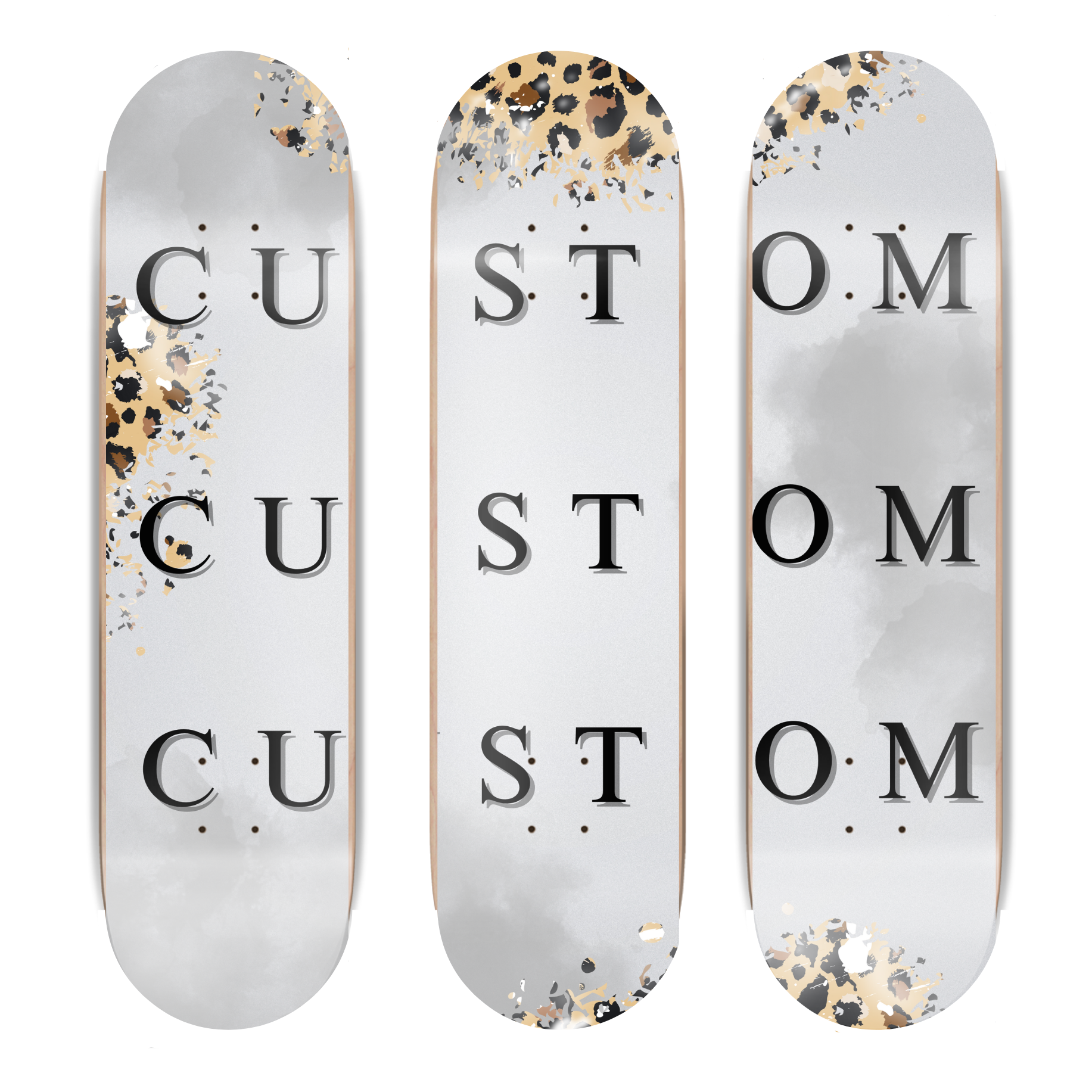 Three custom skateboard decks with 'CUSTOM' text and decorative patterns on a white background.