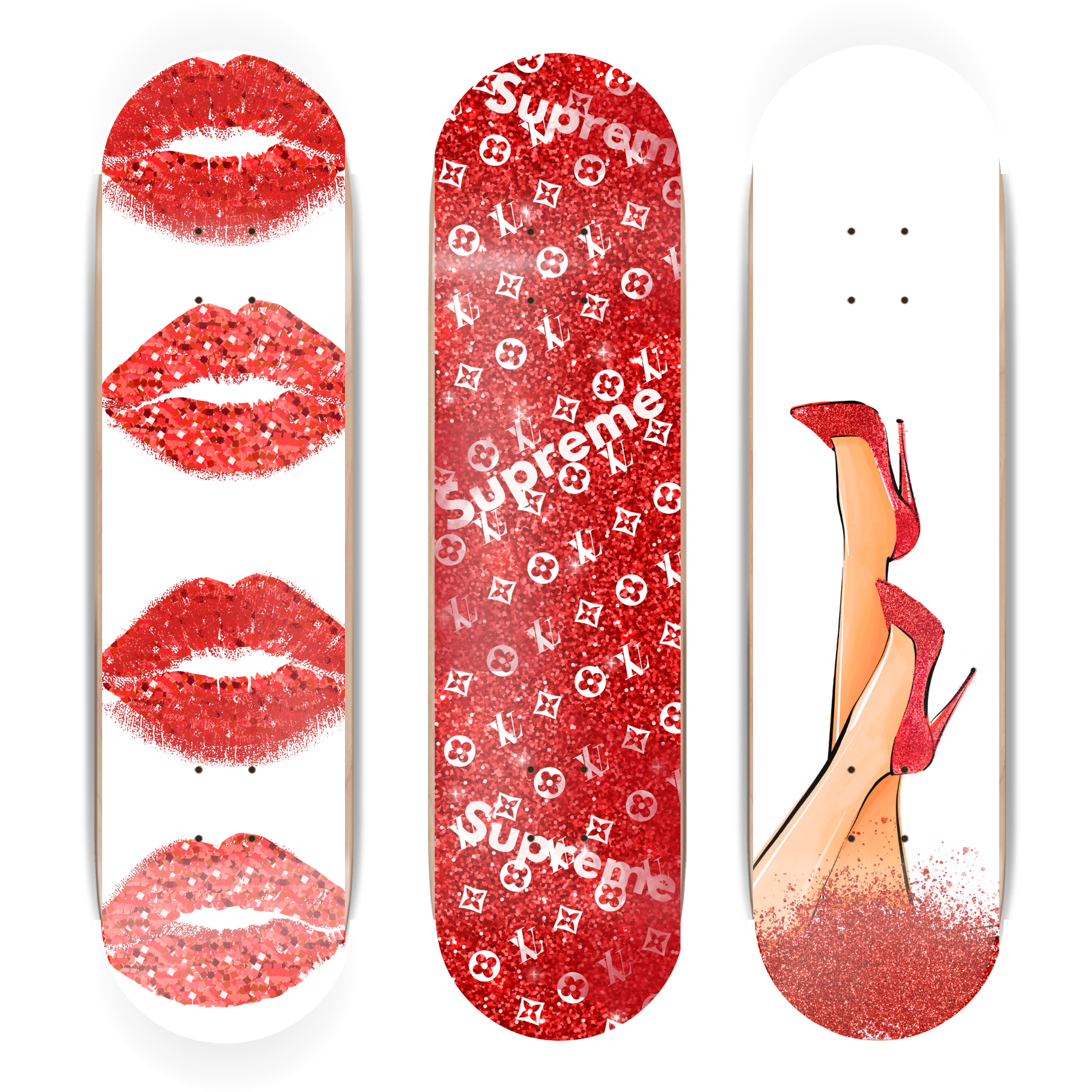 Three skateboard decks with different red designs on a white background